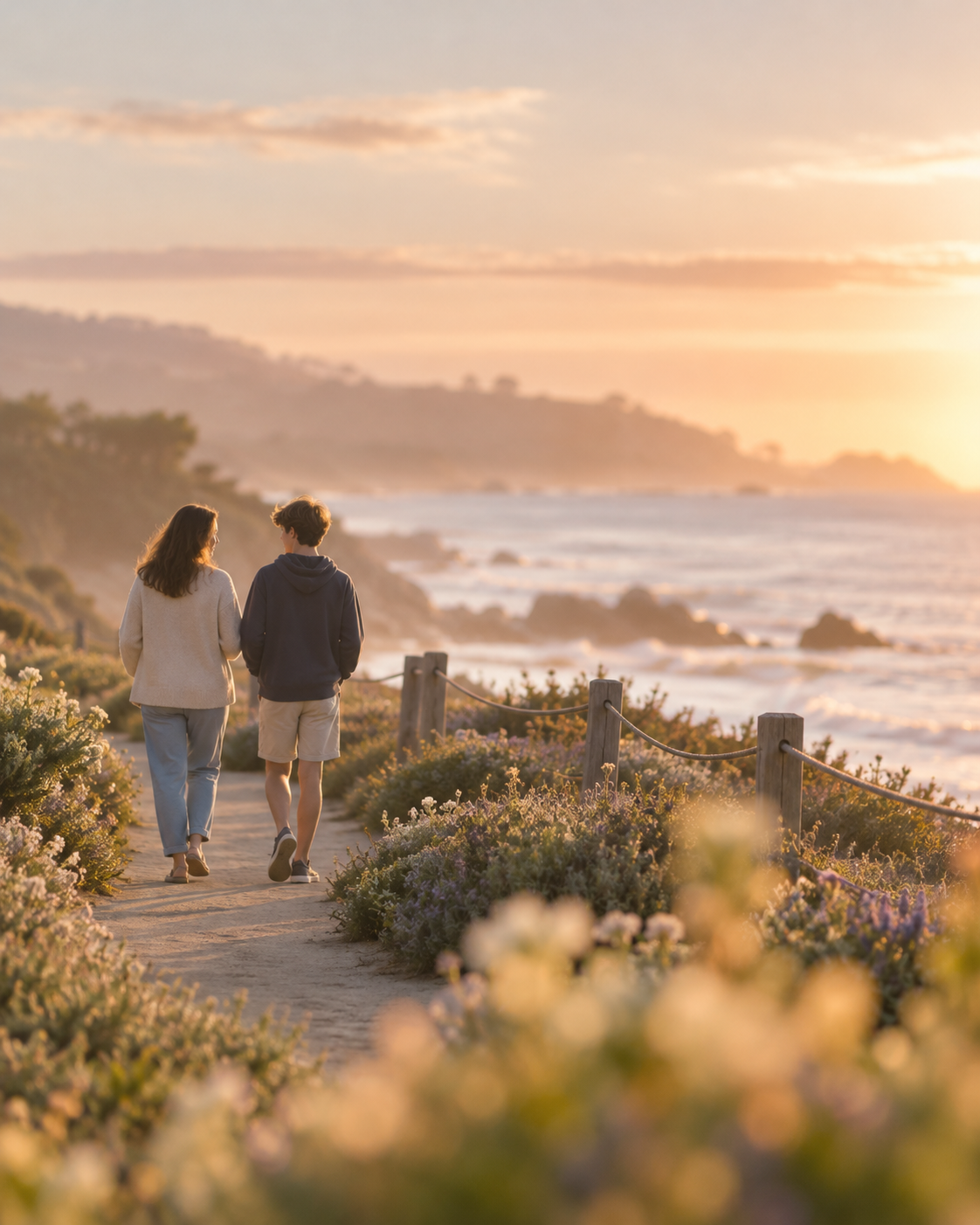 Parent and older child walking together along a softly lit coastal path at sunset